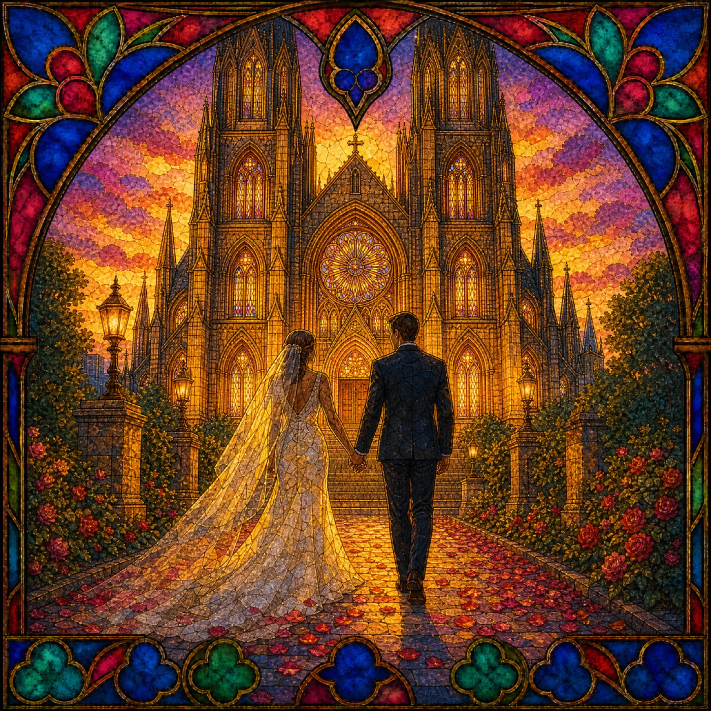 A married couple standing together before a radiant cathedral, bathed in golden light through stained glass